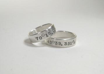 Sterling Silver Pair of Band Rings - Latitude on One, Longitude on the Other-Elizabeth Prior