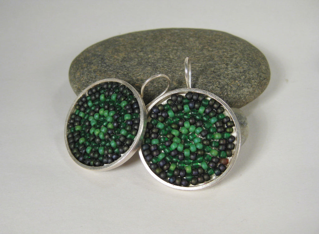 Dark Green Woven Japanese Seed Bead Earrings