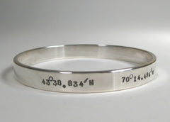 Sterling Silver Bangle w/ Latitude & Longitude, 8mm, Small Text