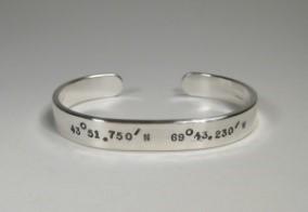Men's Sterling Silver Cuff Bracelet w/ Latitude and Longitude, 8mm, Small Text-Elizabeth Prior