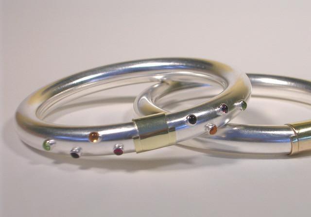 Sterling Silver Bangle Bracelet with Gold Wrap and Cabochons-Elizabeth Prior