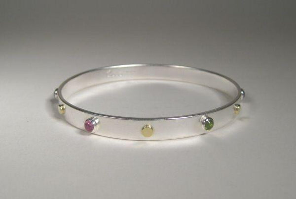 Sterling Silver Bangle with 18k and cabochons-Elizabeth Prior