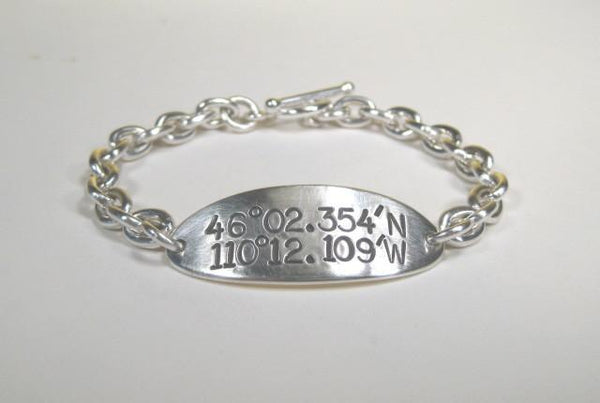 Sterling Silver ID Bracelet w/ large text lat and long-Elizabeth Prior