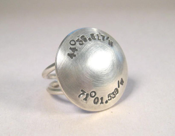 Sterling Silver Round Top Ring w/ Latitude and Longitude-Elizabeth Prior